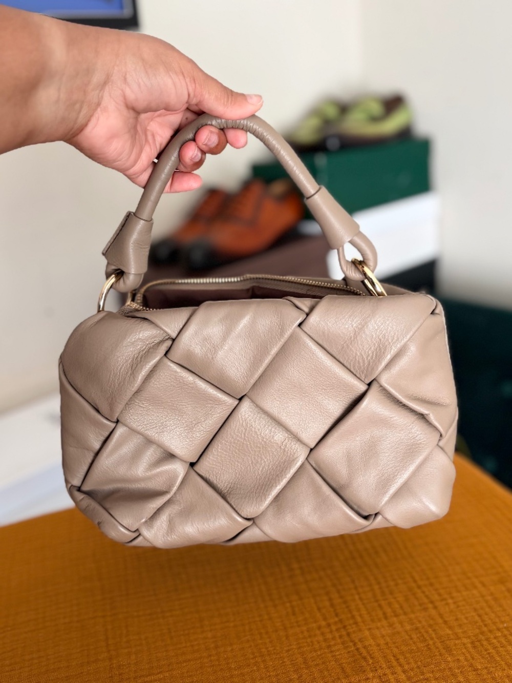 *pre-loved* Valentina Fiore Italian Woven Leather Satchel Taupe Handbag